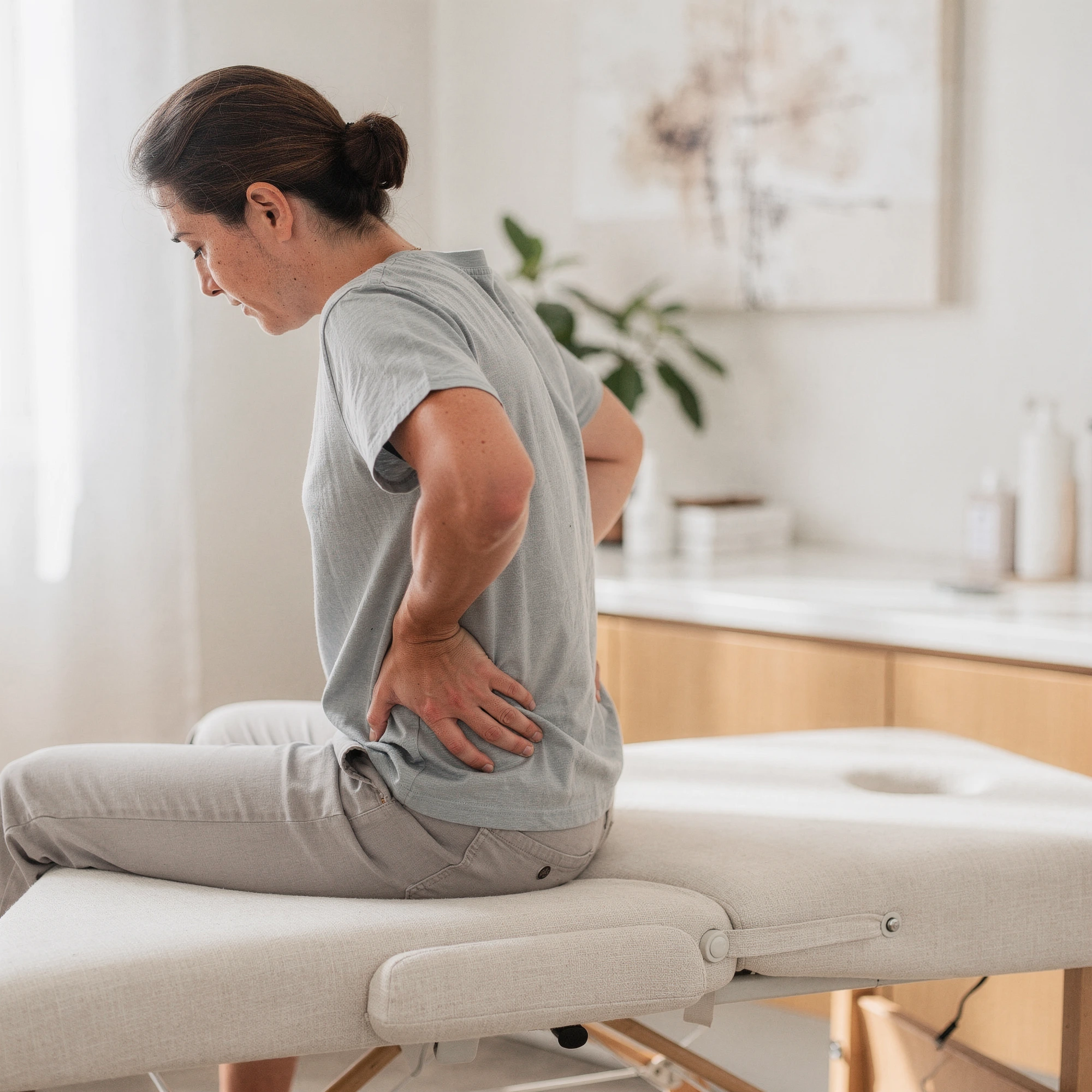 Woman sitting on examination table holding lower back in pain
